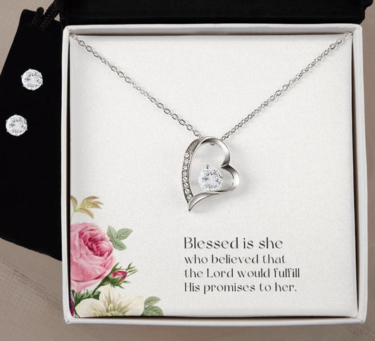 Heart Necklace and Earring Set with Luke 1:45 Card
