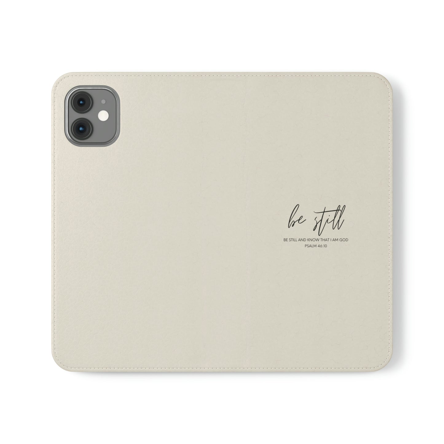 iPhone Be Still and Know Flip Phone Case (Beige Faux Leather)